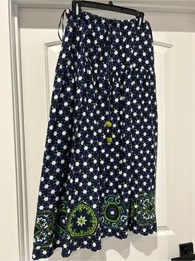 Navy Floral Border Maxi Skirt with Green Accents